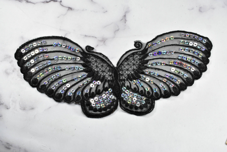 Sequin Butterfly Applique Black Hologram 10 x 4.50