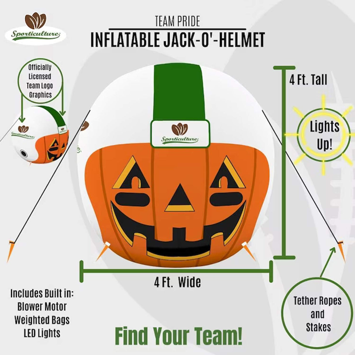 4ft Lighted Denver Broncos Jack-o-Lantern Inflatable