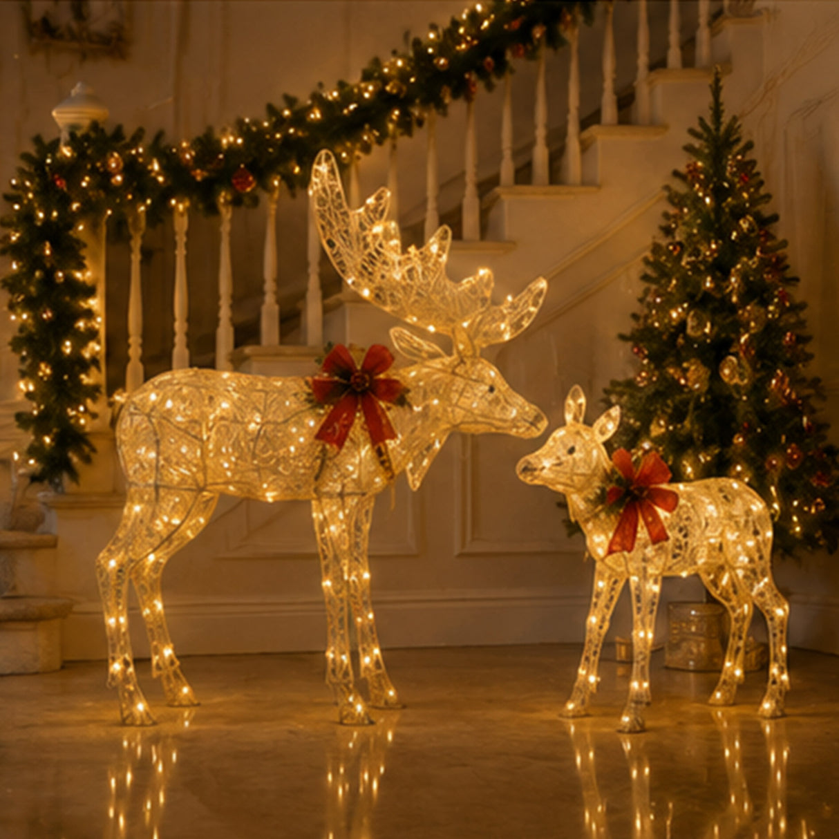 Lighted Elk Christmas Yard Decoration Set, Warm LED