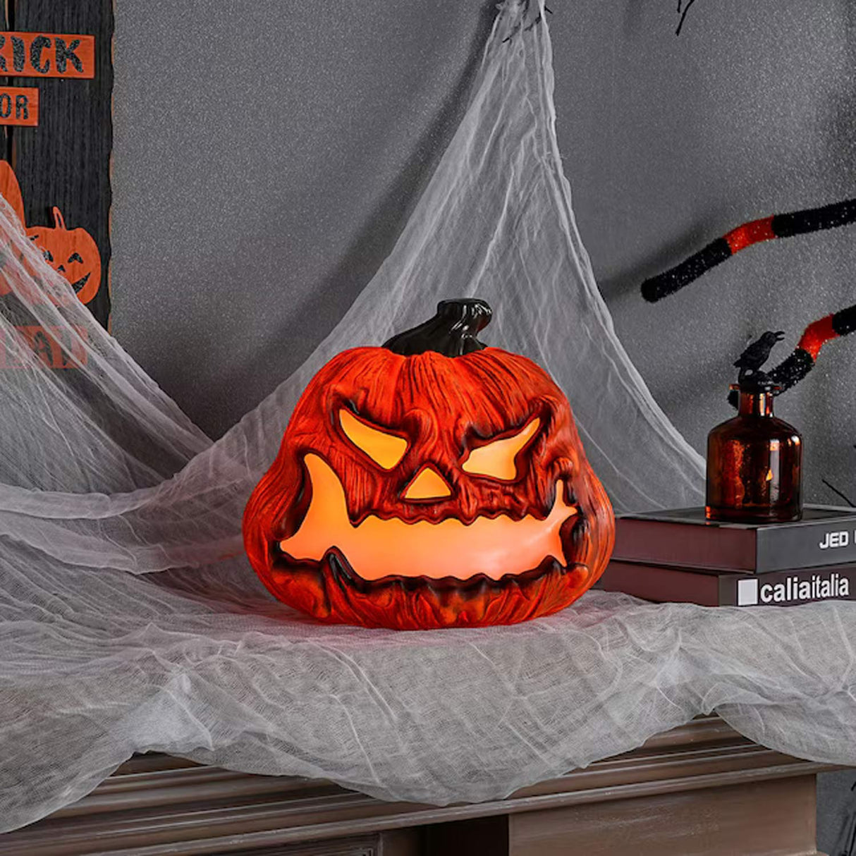 10 Inches Glowing Scary Face Jack-o-Lantern Halloween Decor with Light
