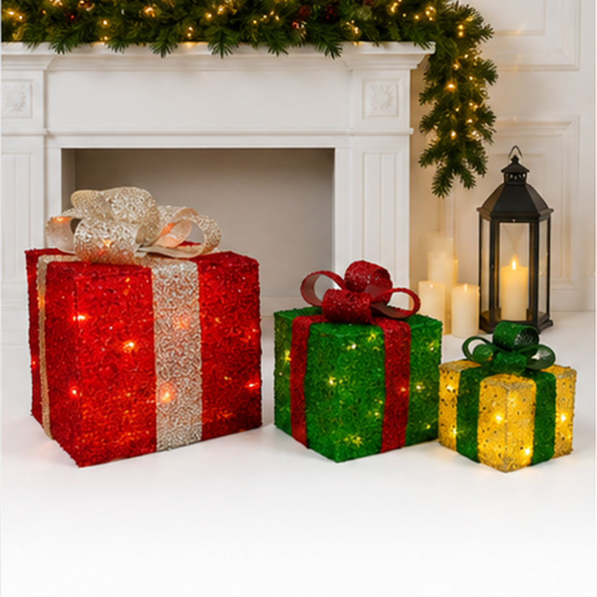 Lighted Christmas Gift Box Set, Battery Operated Decor