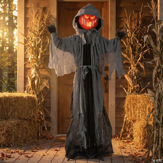 5 Ft 10 3/4" Animated Standing Light-Up Pumpkin Man in Hooded Cloak Halloween Decoration