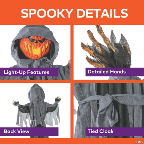 5 Ft 10 3/4-Inch Animated Standing Light-Up Pumpkin Man in Hooded Cloak Halloween Decoration
