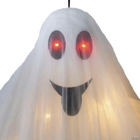 Light-Up Hanging Ghost Halloween Decor with Pumpkin Treat Bag, hangs on a porch or door for spooky Halloween display