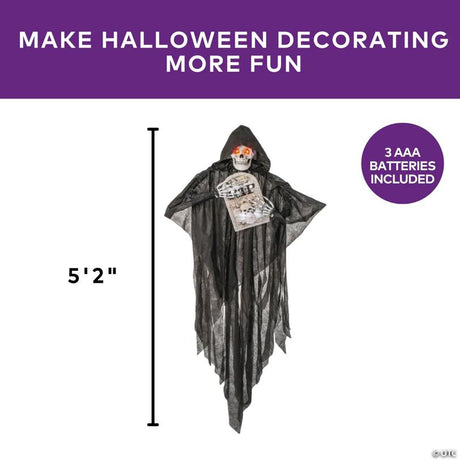 RADYAN Hanging Skeleton Reaper with Tombstone and Hooded Cloak for Halloween Decor shown in a clear product image