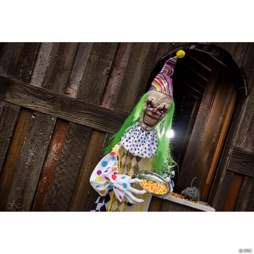 5 Ft. 6" Hanging Animated Multicolored Clown with Green Hair Halloween Decoration