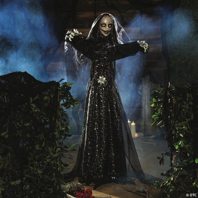 5 Ft. 6" Standing Animated Bride with Black Dress Halloween Decoration