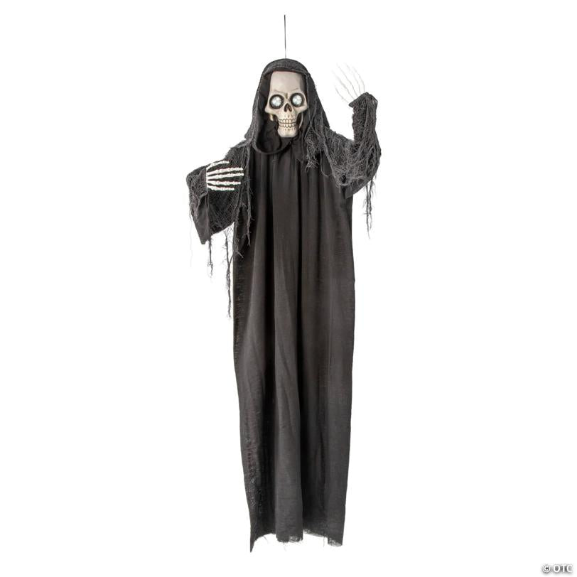 5 Ft. Animated Eyes Hanging Skeleton Reaper with Black Robe Halloween Decoration