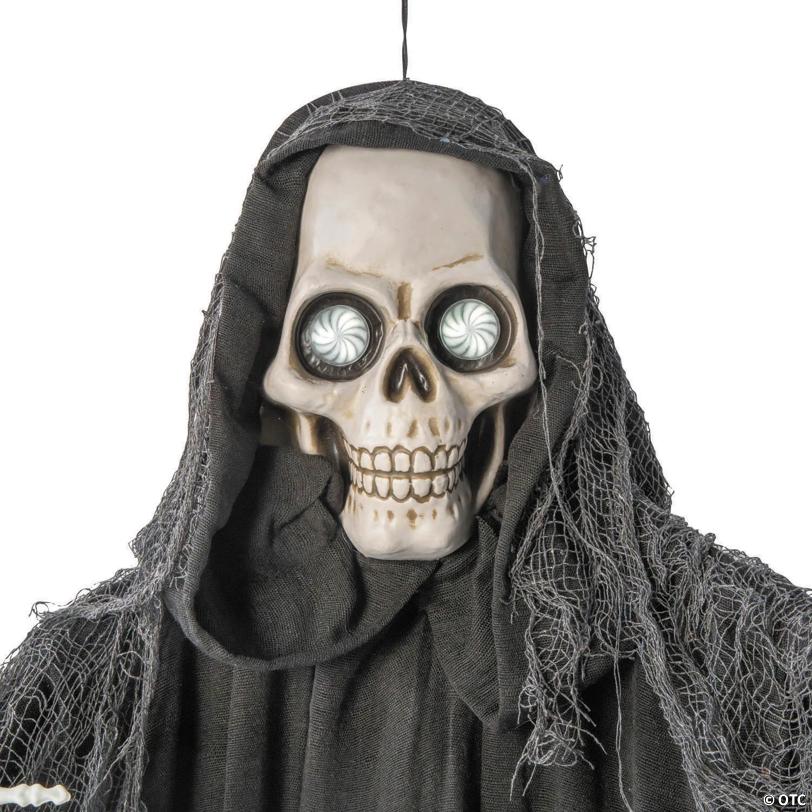 5 Ft. Animated Eyes Hanging Skeleton Reaper with Black Robe Halloween Decoration