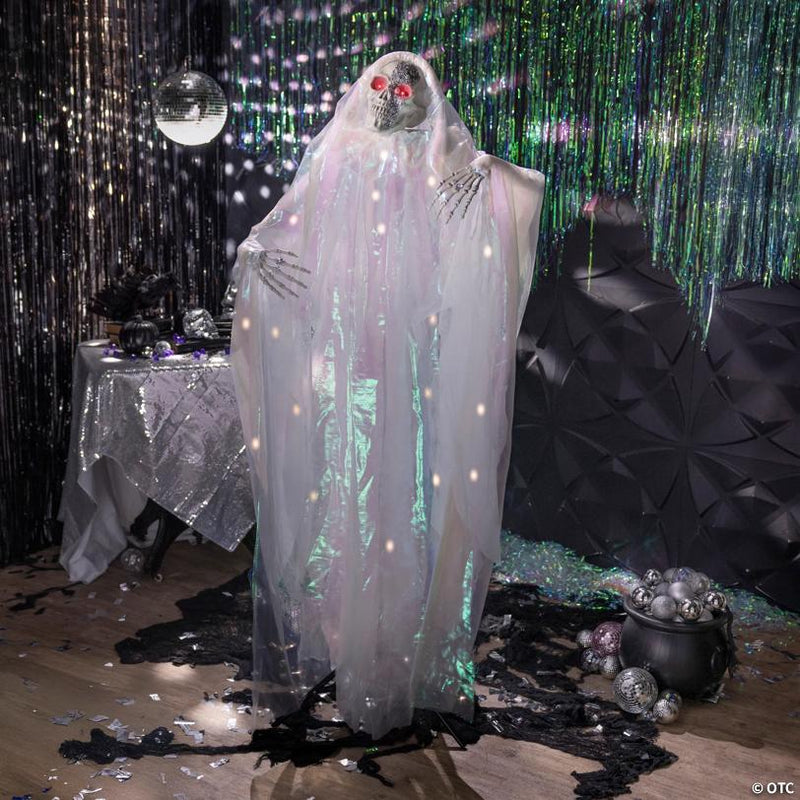 RADYAN Animated Standing Skeleton with Iridescent Shroud Halloween Prop shown in a clear product image
