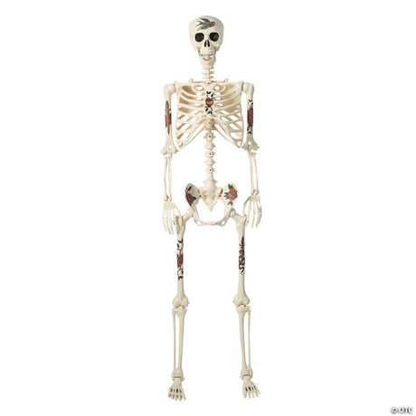 Life-Size Posable Skeleton Halloween Decoration with Tattoo Design, showing a detailed skeletal bone design