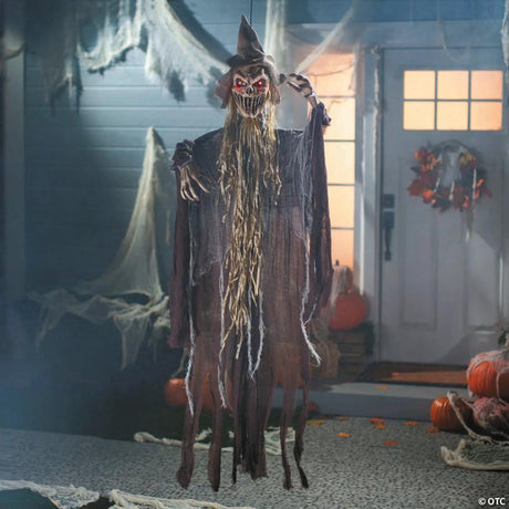 5-Foot Light-Up Hanging Brown Reaper with Hat Halloween Decoration Featuring Red Glowing Eyes