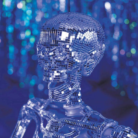 Posable Disco Skeleton Halloween Decoration with Sparkly Tiles, showing a detailed skeletal bone design