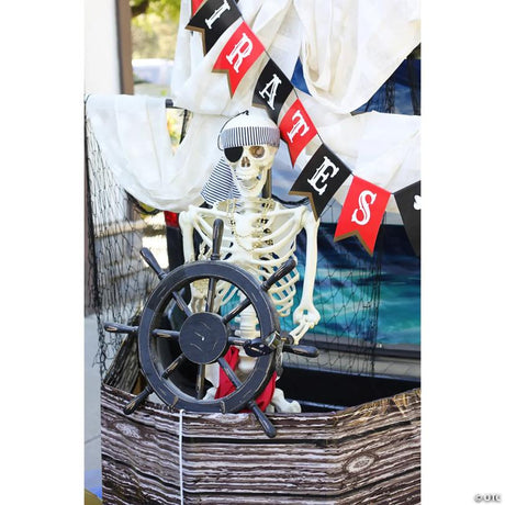 Posable Pirate Skeleton Halloween Yard Decoration for Display, showing a detailed skeletal bone design