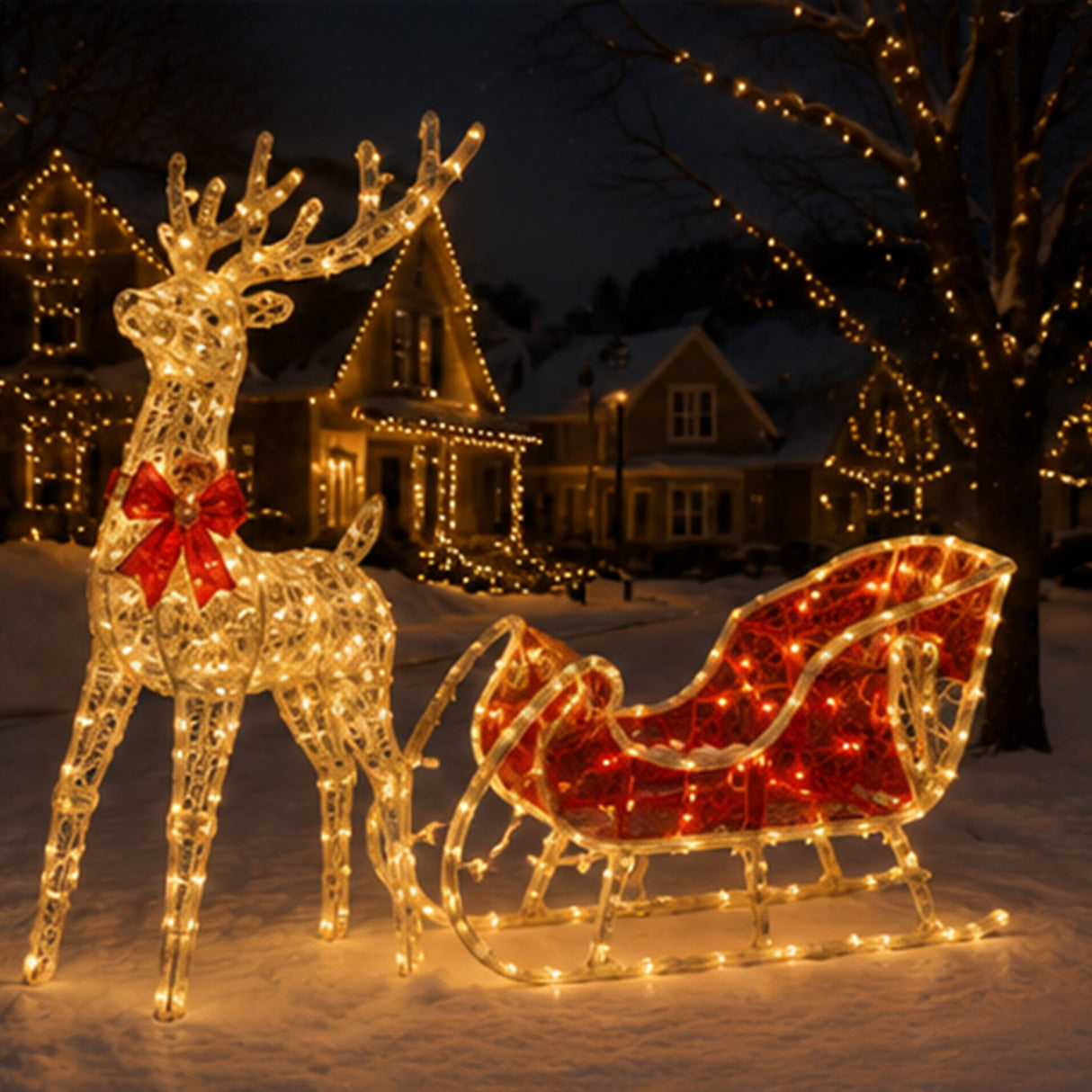 Lighted Reindeer Sleigh Christmas Yard Decoration