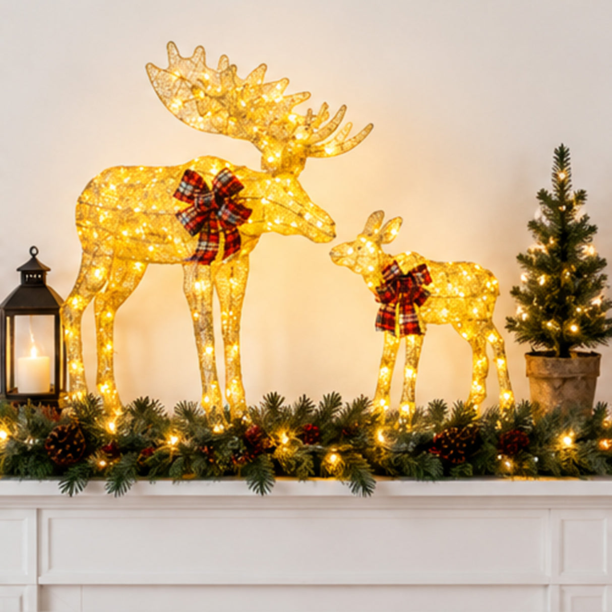 Lighted Moose Christmas Decor Set Warm White LED Lights
