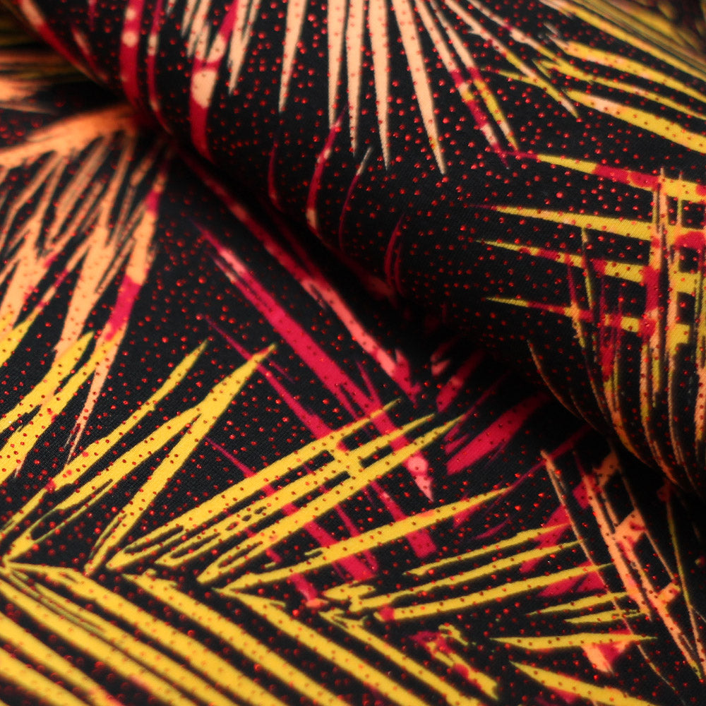 Electric Tropics Nylon Spandex Fabric - Tropical Palm Leaf Print, Multi, Orange-Red, Green-Blue, Pink-Purple, 58-60" Width (1 Yard)