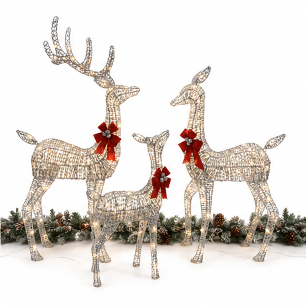 Champagne Wicker Reindeer Set with Warm White LED Lights