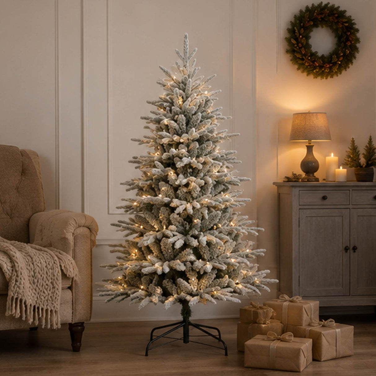 4.5FT Pre Lit Flocked Christmas Tree Warm White LED