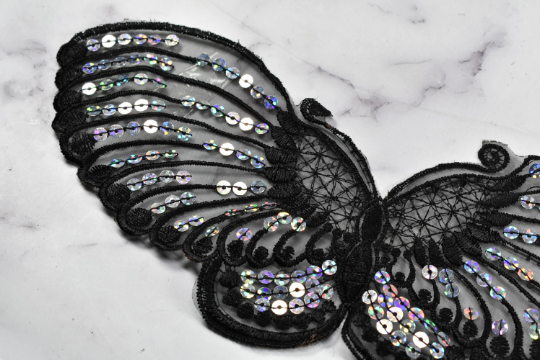 Sequin Butterfly Applique Black Hologram 10 x 4.50