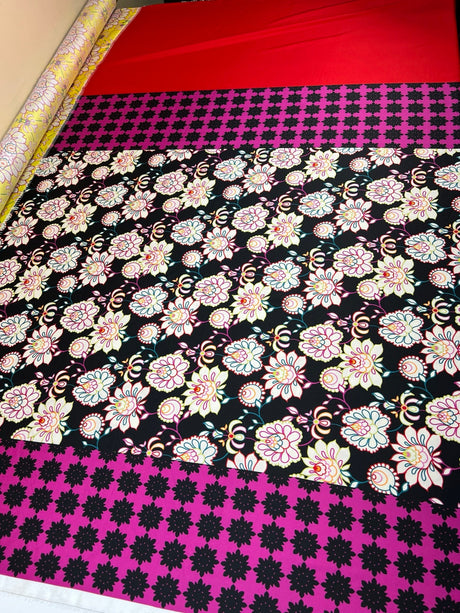 Polyester Sateen Printed Black Purple Floral