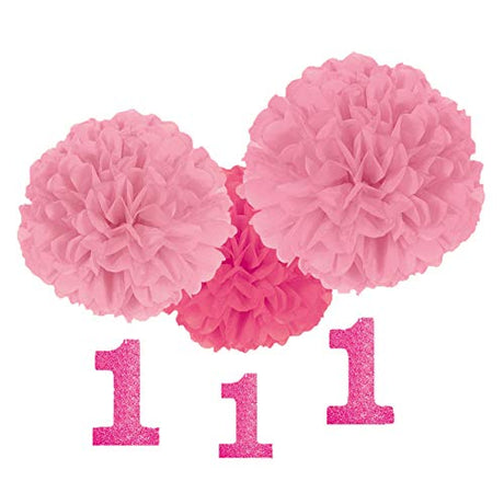 Amscan 1st Birthday Fluffy Decorations w/Danglers - Pink , 1 set