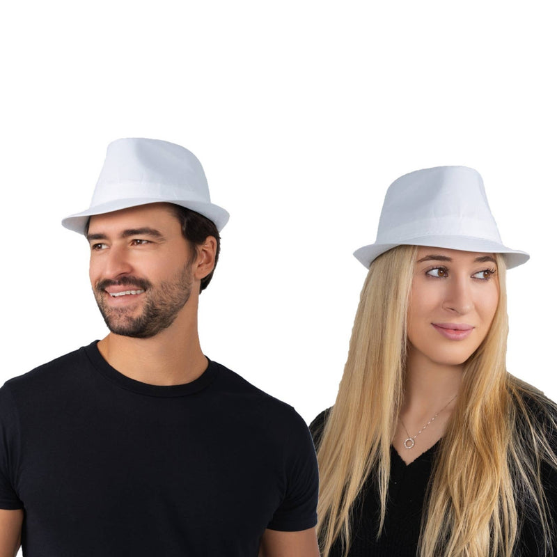 White fedora costume hat with pinched crown and turned-down brim