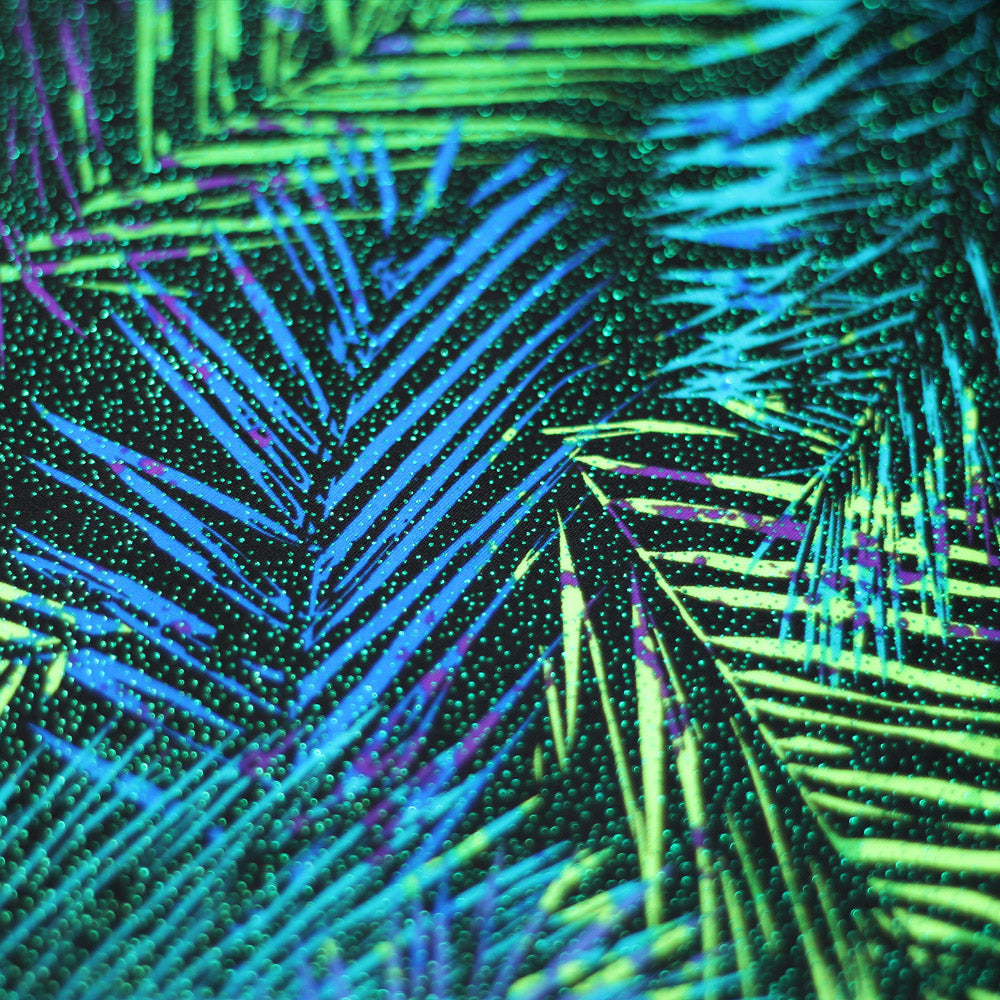 Electric Tropics Nylon Spandex Fabric - Tropical Palm Leaf Print, Multi, Orange-Red, Green-Blue, Pink-Purple, 58-60" Width (1 Yard)