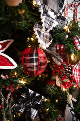 Fabric Plaid Ball Ornament 4 Inch Red Black Christmas Tree Decor
