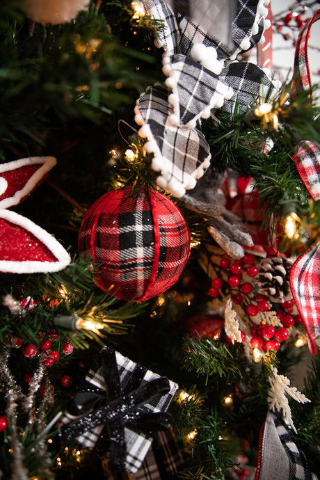 Fabric Plaid Ball Ornament 4 Inch Red Black Christmas Tree Decor