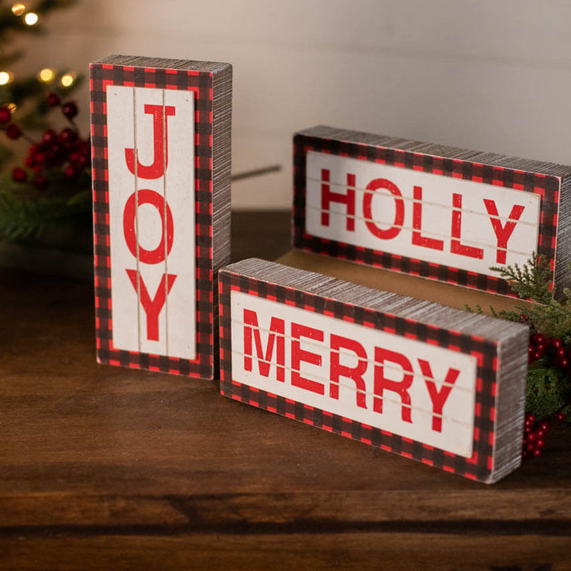 9.4 Inch L Buffalo Check Wood Holiday Sign Decorative Christmas Shelf & Table Decor