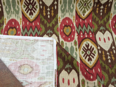 Tribal Print Cotton Linen Fabric - Red, Green, Gold Tribal Print, 60" Width (1 Yard)