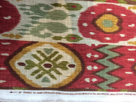 Tribal Print Cotton Linen Fabric - Red, Green, Gold Tribal Print, 60" Width (1 Yard)
