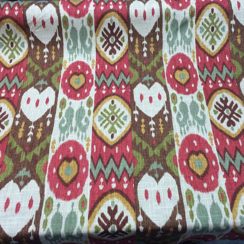 Tribal Print Cotton Linen Fabric - Red, Green, Gold Tribal Print, 60" Width (1 Yard)