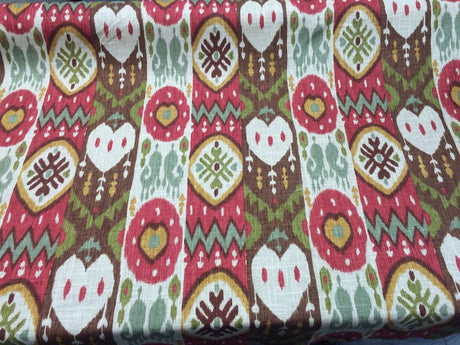 Tribal Print Cotton Linen Fabric - Red, Green, Gold Tribal Print, 60" Width (1 Yard)