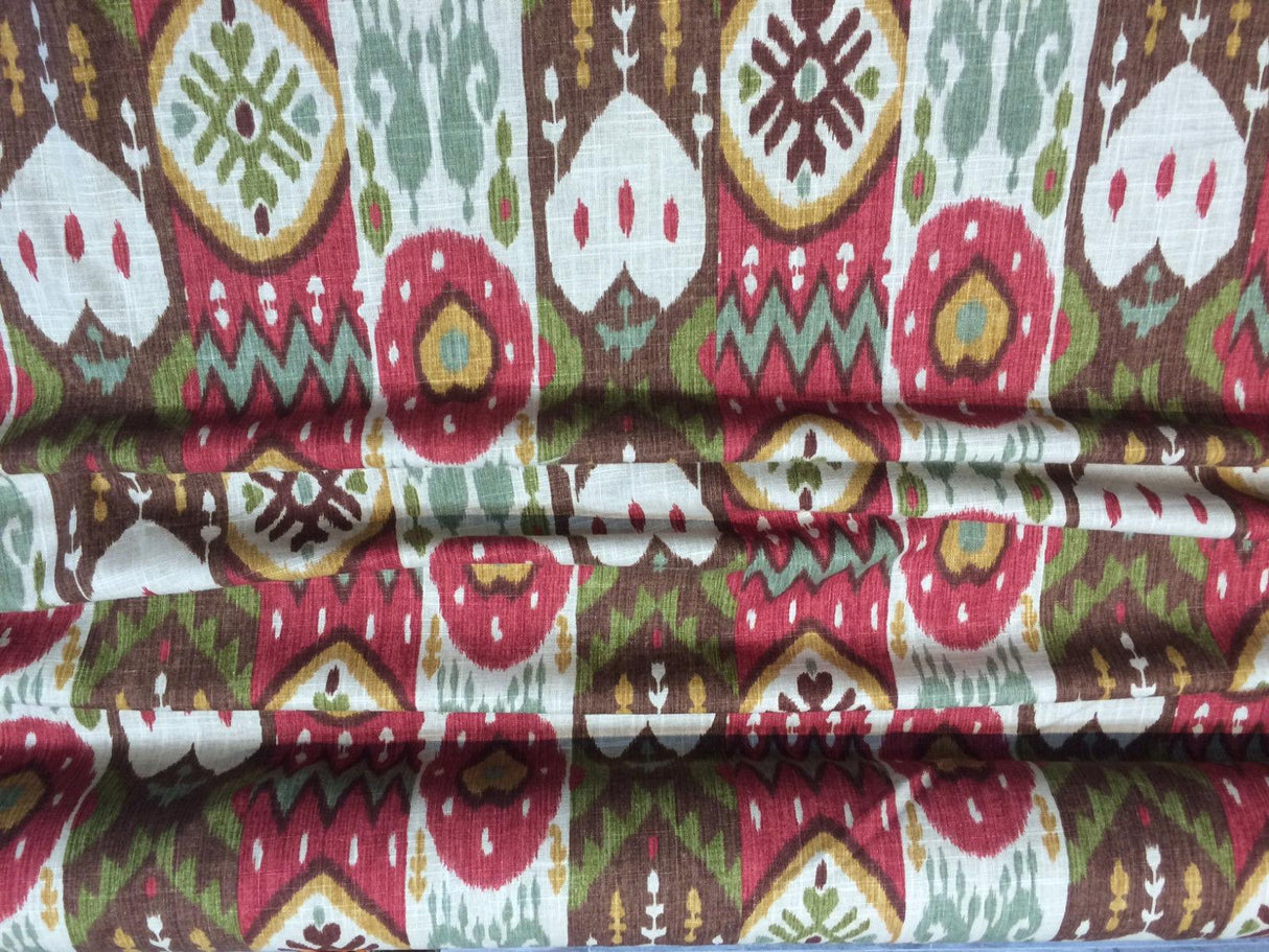 Tribal Print Cotton Linen Fabric - Red, Green, Gold Tribal Print, 60" Width (1 Yard)