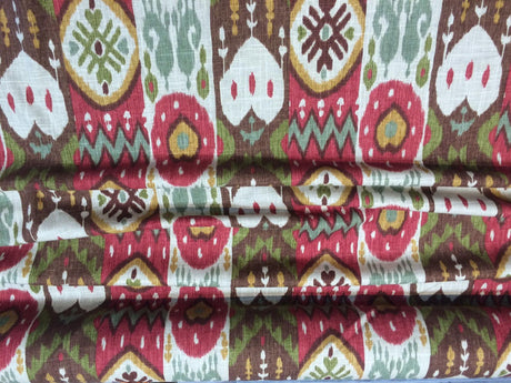 Tribal Print Cotton Linen Fabric - Red, Green, Gold Tribal Print, 60" Width (1 Yard)