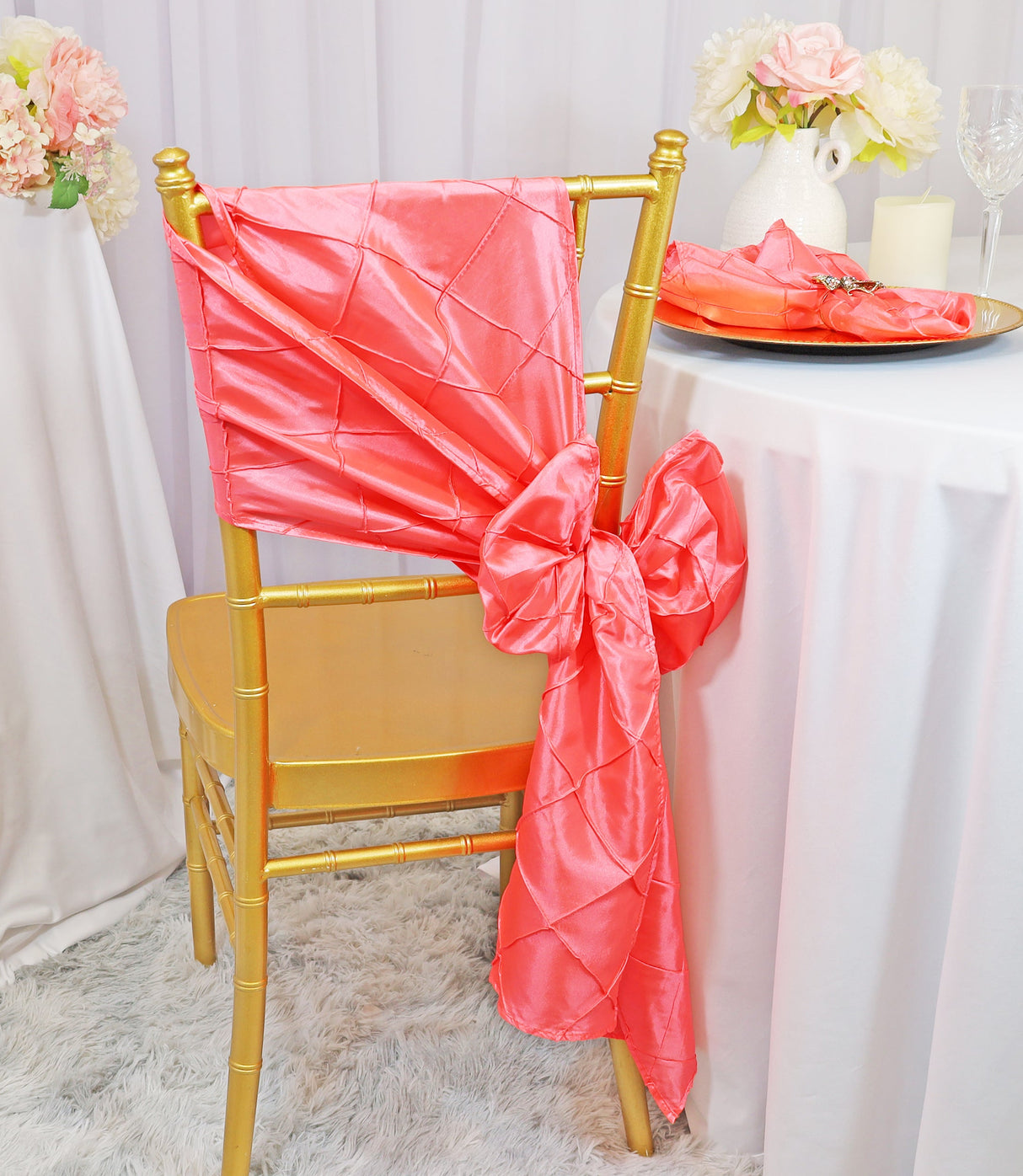 Pintuck Taffeta Chair Sashes Coral 9.5x108