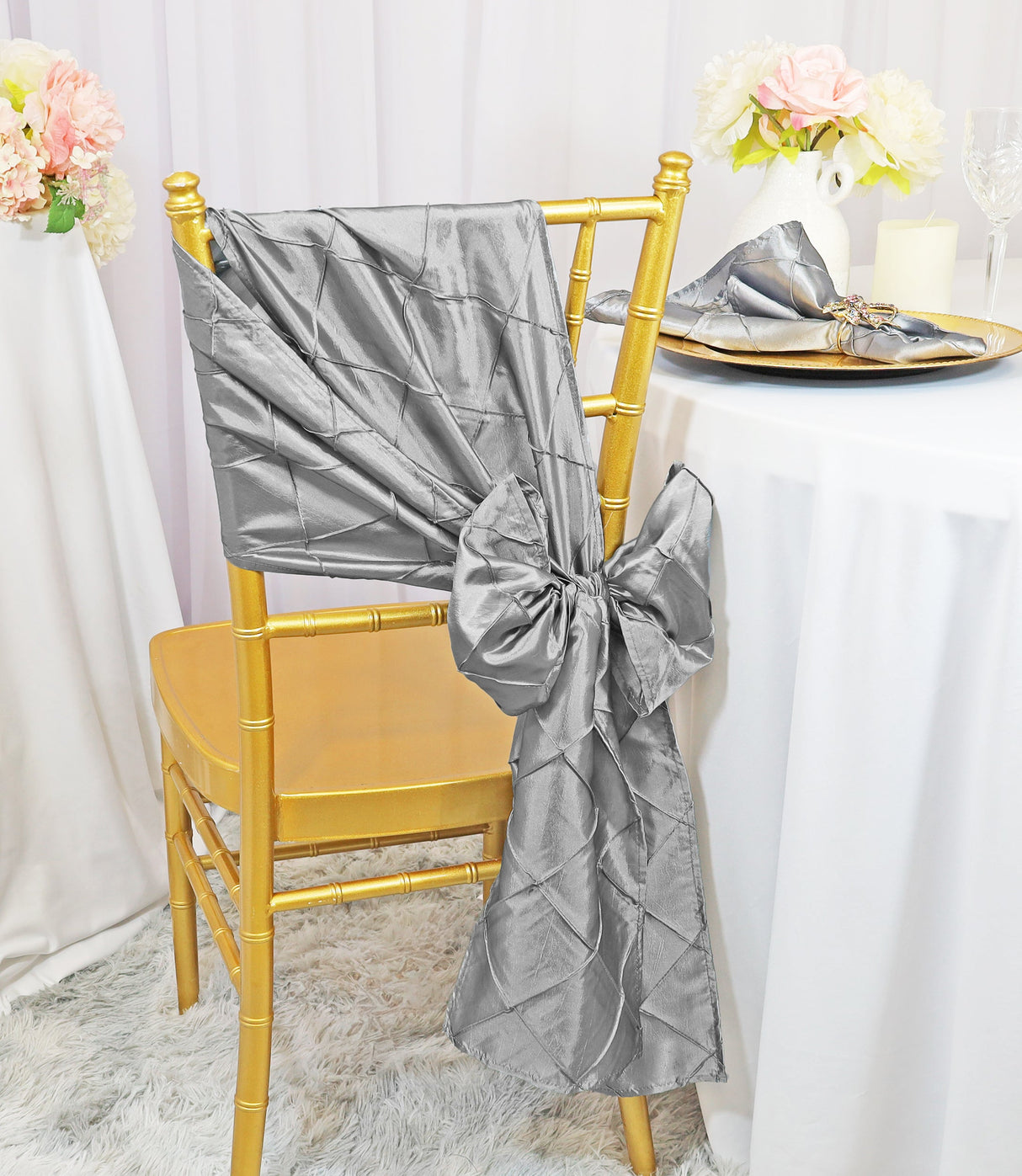 Pintuck Taffeta Chair Sashes Silver 9.5x108