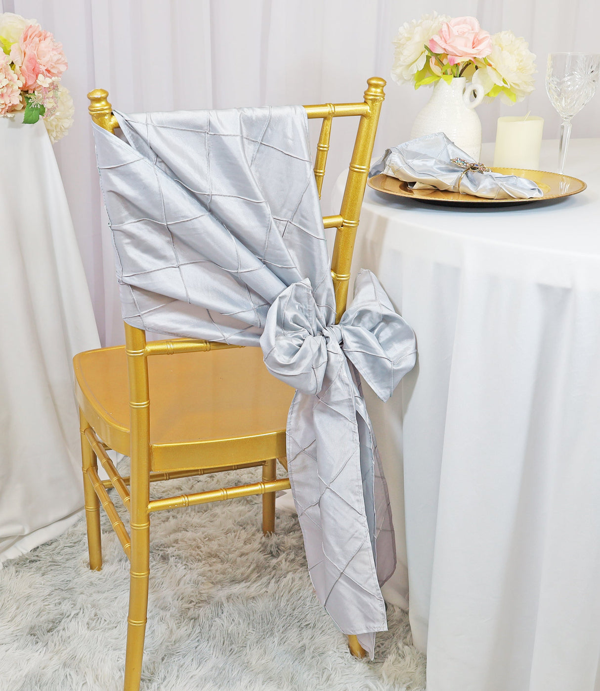 Pintuck Taffeta Chair Sashes Platinum Light Silver 9.5x108