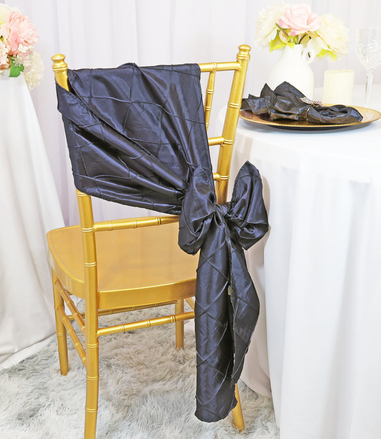 Pintuck Taffeta Chair Sashes 9.5x108 Pewter/Charcoal
