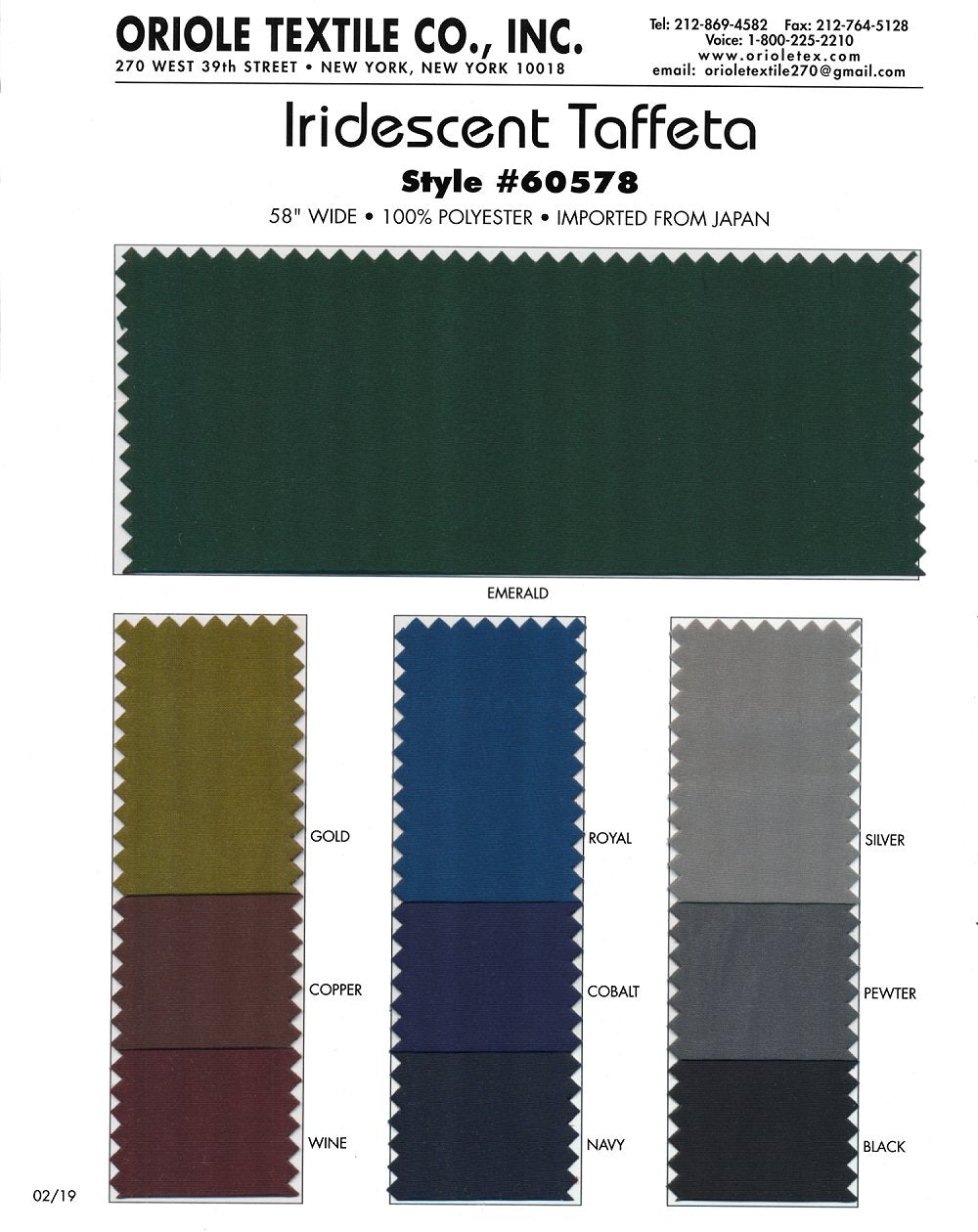Iridescent Taffeta Polyester Fabric - Black, Cobalt, Copper, Gold, Emerald, Navy, Pewter, Royal, Silver, Wine, 58/60" Width (1 Yard)
