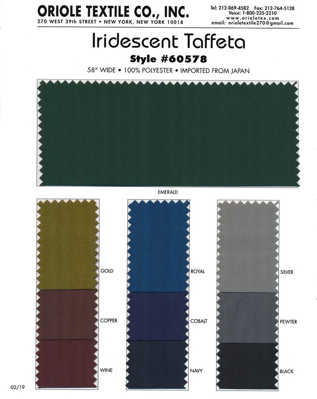 Iridescent Taffeta Polyester Fabric - Black, Cobalt, Copper, Gold, Emerald, Navy, Pewter, Royal, Silver, Wine, 58/60" Width (1 Yard)