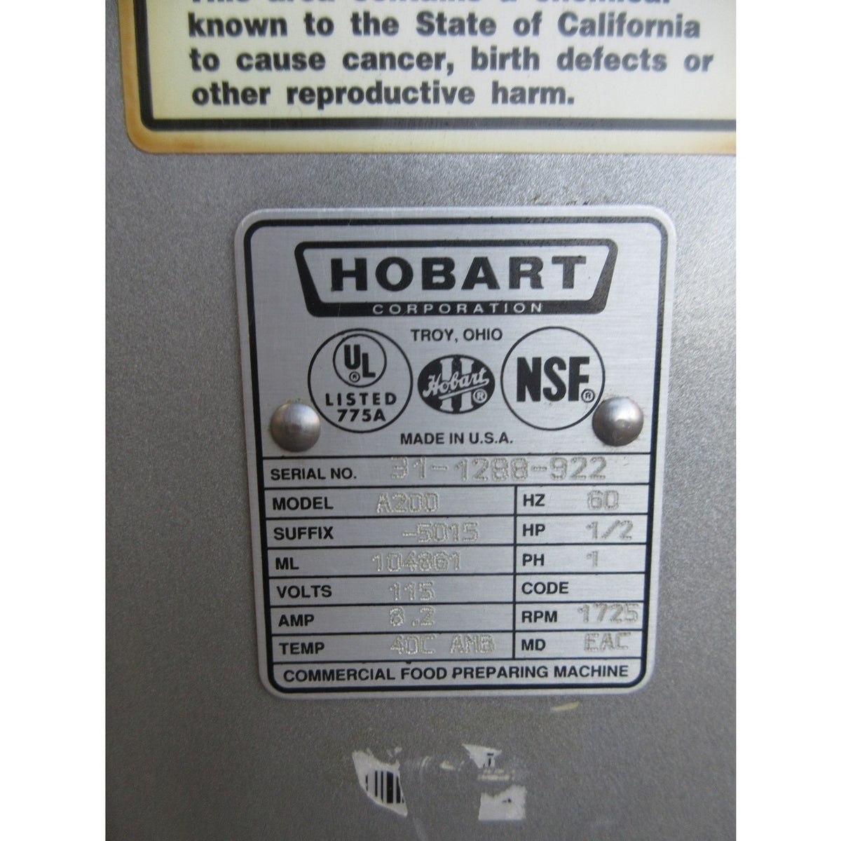 Hobart A200FT Floor Model 20 Qt Mixer, Bowl And 2 Attachments Included, Used Excellent Condition