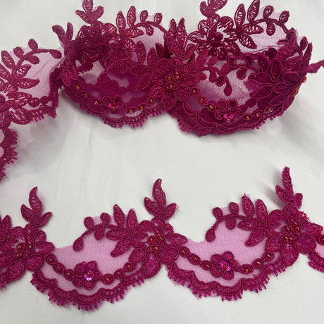 Beaded & Corded Lace Trimming Embroidered On 100% Polyester Net Mesh Fabric - Beaded, Corded, 3" Wide (1 Yard)