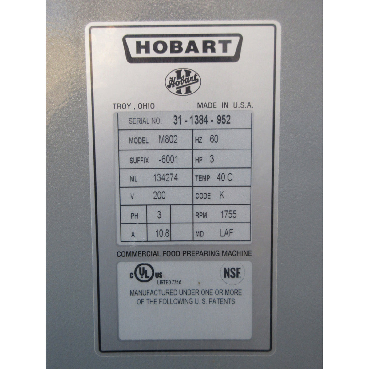 Hobart M802 80 Qt Mixer, Bowl And 2 Attachments Included, Used Excellent Condition