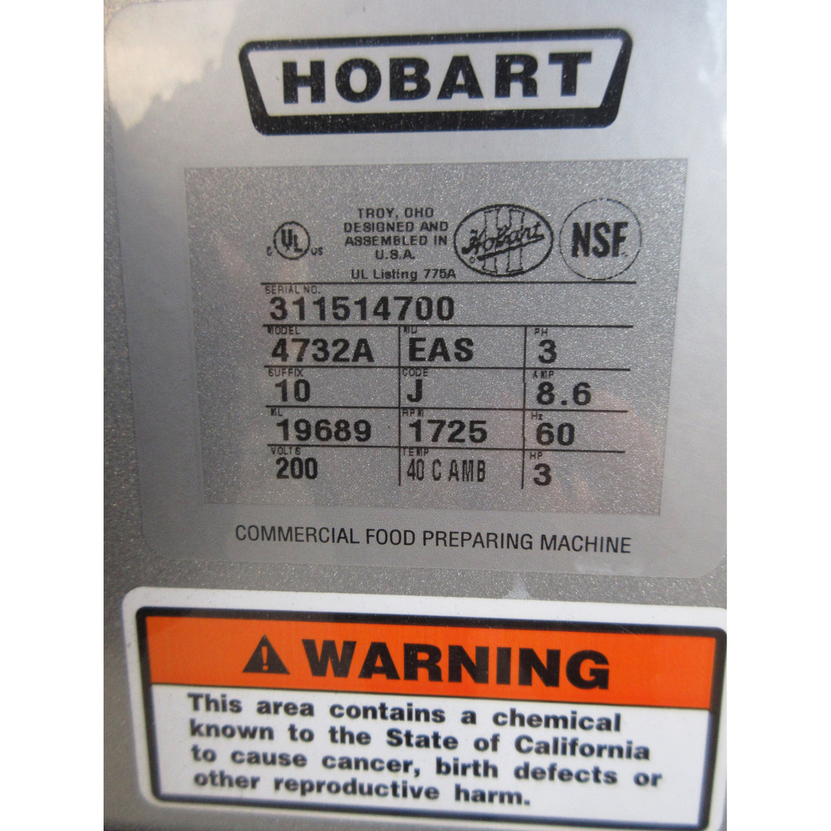 Hobart 4732A 3HP Meat Grinder, Used Excellent Condition