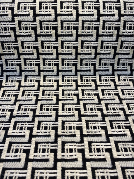 Interlude Chenille Upholstery Fabric - Jet Black, Ivory Small Design, 56" Width (1 Yard)