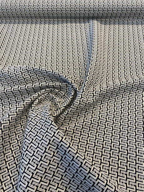 Interlude Chenille Upholstery Fabric - Jet Black, Ivory Small Design, 56" Width (1 Yard)