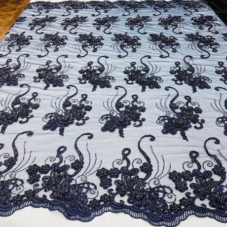 Beaded Corded Lace Fabric on Polyester Net Mesh